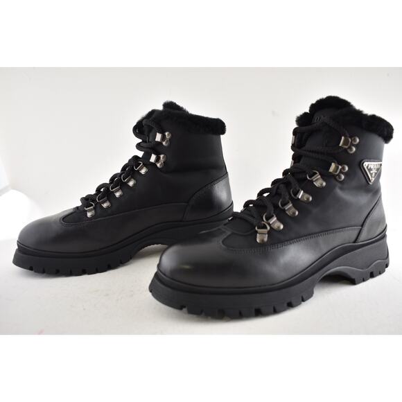 Prada Brixxen 38 Black Shearling Leather Nylon Lug Sole Lace Up Hiking Boot 40.5 - Picture 14 of 16
